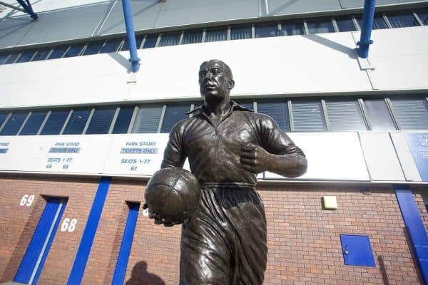 LIVERPOOL, ENGLAND - Sunday, February 16, 2014: A statue of Everton legend Dixie Dean outside Goodison Park, pictured before the FA Cup 5th Round match against Swansea City at Goodison Park. (Pic by David Rawcliffe/Propaganda)