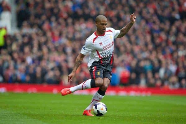 MANCHESTER, ENGLAND - Sunday, March 16, 2014: Liverpool's Glen Johnson in action against Manchester United during the Premiership match at Old Trafford. (Pic by David Rawcliffe/Propaganda)