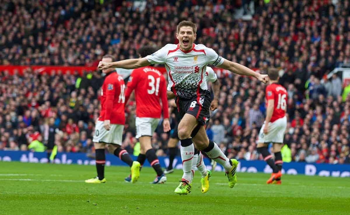 MANCHESTER, ENGLAND - Sunday, March 16, 2014: Liverpool's captain Steven Gerrard celebrates scoring the second goal against Manchester United from the penalty spot during the Premiership match at Old Trafford. (Pic by David Rawcliffe/Propaganda)