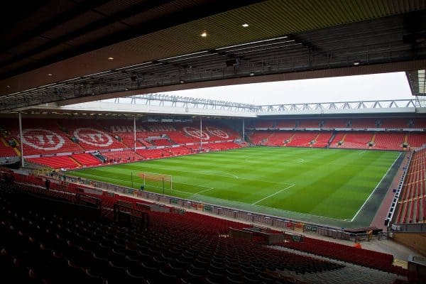 LIVERPOOL, ENGLAND - Sunday, March 30, 2014: A general view of Liverpool's Anfield Stadium, from the Spion Kop showing the Main Stand and Anfield Road stand, before the Premiership match against Tottenham Hotspur at Anfield. (Pic by David Rawcliffe/Propaganda)