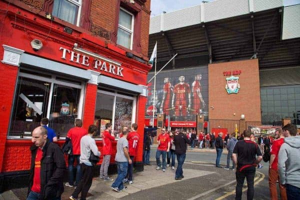 LIVERPOOL, ENGLAND - Sunday, March 30, 2014: Fans outside the Park pub in Anfield before the Premiership match between Liverpool and Fulham. (Pic by David Rawcliffe/Propaganda)