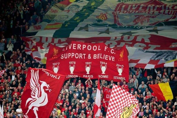 LIVERPOOL, ENGLAND - Sunday, March 30, 2014: Liverpool supporters' banner 'Liverpool FC Support & Believe' during the Premiership match against Tottenham Hotspur at Anfield. (Pic by David Rawcliffe/Propaganda)