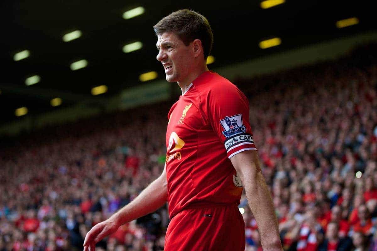 LIVERPOOL, ENGLAND - Sunday, March 30, 2014: Liverpool's captain Steven Gerrard in action against Tottenham Hotspur during the Premiership match at Anfield. (Pic by David Rawcliffe/Propaganda)