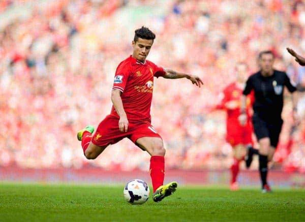 LIVERPOOL, ENGLAND - Sunday, March 30, 2014: Liverpool's Philippe Coutinho Correia scores the third goal against Tottenham Hotspur during the Premiership match at Anfield. (Pic by David Rawcliffe/Propaganda)