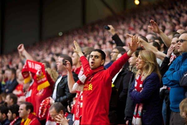 LIVERPOOL, ENGLAND - Sunday, March 30, 2014: Liverpool supporters on the Spion Kop during the Premiership match against Tottenham Hotspur at Anfield. (Pic by David Rawcliffe/Propaganda)