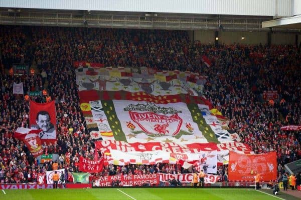 LIVERPOOL, ENGLAND - Sunday, April 13, 2014: Liverpool supporters on the Spion Kop before the Premiership match against Manchester City at Anfield. (Pic by David Rawcliffe/Propaganda)