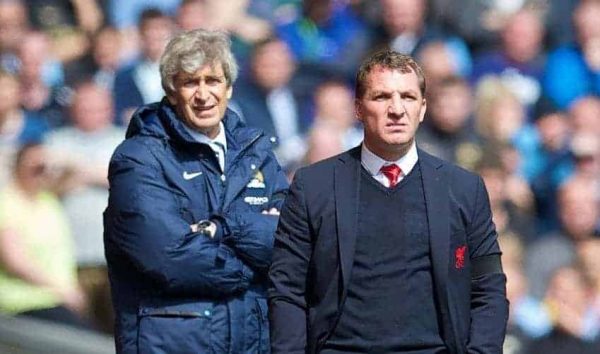 LIVERPOOL, ENGLAND - Sunday, April 13, 2014: Liverpool's manager Brendan Rodgers and Manchester City's manager Manuel Pellegrini during the Premiership match at Anfield. (Pic by David Rawcliffe/Propaganda)