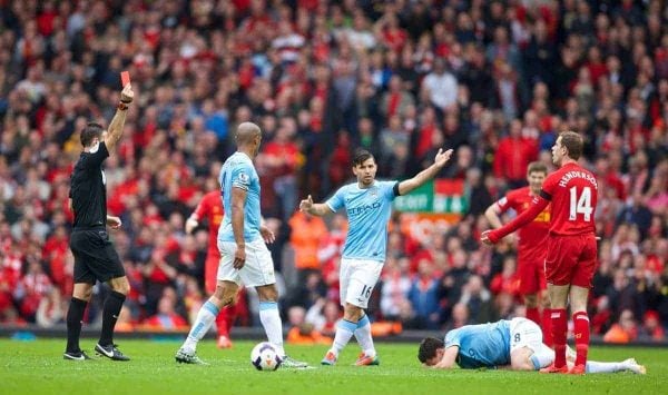 LIVERPOOL, ENGLAND - Sunday, April 13, 2014: Liverpool's Jordan Henderson is shown a red card and sent off against Manchester City during the Premiership match at Anfield. (Pic by David Rawcliffe/Propaganda)