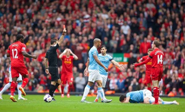 LIVERPOOL, ENGLAND - Sunday, April 13, 2014: Liverpool's Jordan Henderson is shown a red card and sent off against Manchester City during the Premiership match at Anfield. (Pic by David Rawcliffe/Propaganda)