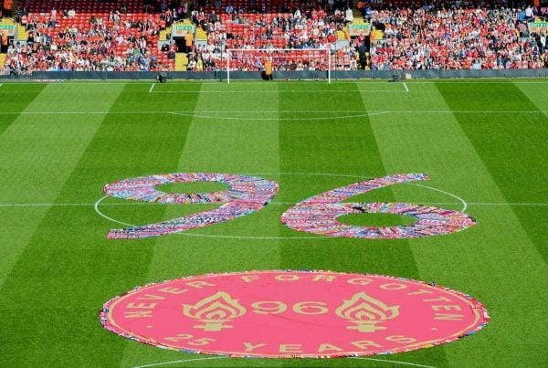 LIVERPOOL, ENGLAND - Tuesday, April 15, 2014: A 96 written in scarves before the 25th Anniversary Hillsborough Service at Anfield. (Pic by David Rawcliffe/Propaganda)
