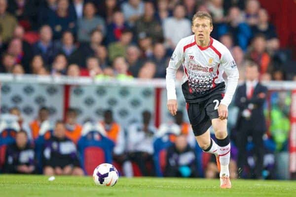 LONDON, ENGLAND - Monday, May 5, 2014: Liverpool's Lucas Leiva in action against Crystal Palace during the Premiership match at Selhurst Park. (Pic by David Rawcliffe/Propaganda)