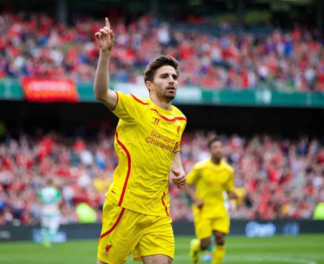 DUBLIN, REPUBLIC OF IRELAND - Wednesday, May 14, 2014: Liverpool's Fabio Borini celebrates scoring the second goal against Shamrock Rovers during a postseason friendly match at Lansdowne Road. (Pic by David Rawcliffe/Propaganda)