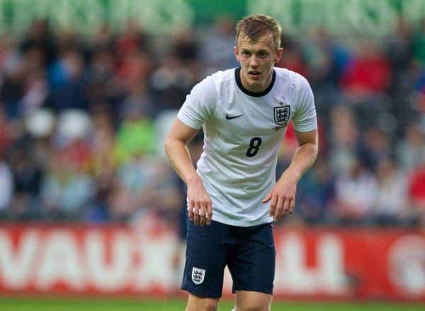 SWANSEA, WALES - Monday, May 19, 2014: England's James Ward-Prowse in action against Wales during the 2015 UEFA European Under-21 Championship Qualifying Group 1 match at the Liberty Stadium. (Pic by David Rawcliffe/Propaganda)