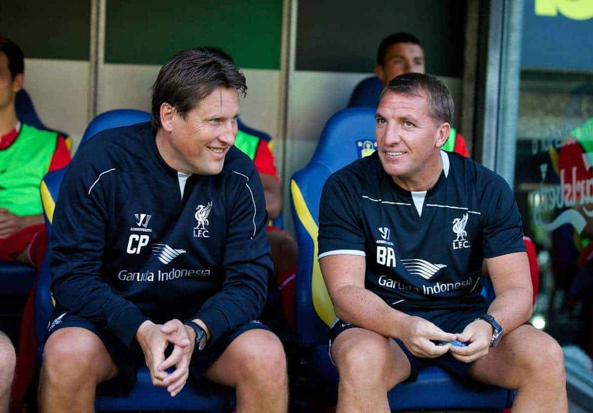 COPENHAGEN, DENMARK - Wednesday, July 16, 2014: Liverpool's manager Brendan Rodgers and assistant manager Colin Pascoe before a preseason friendly match against Brøndby IF at Brøndby Stadion. (Pic by David Rawcliffe/Propaganda)