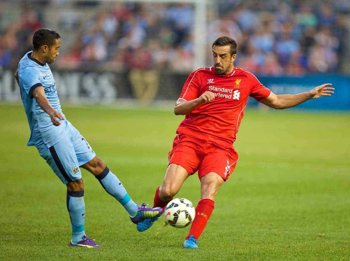 NEW YORK, USA - Wednesday, July 30, 2014: Liverpool's Jose Enrique in action against Manchester City during the International Champions Cup Group B match at the Yankee Stadium on day ten of the club's USA Tour. (Pic by David Rawcliffe/Propaganda)