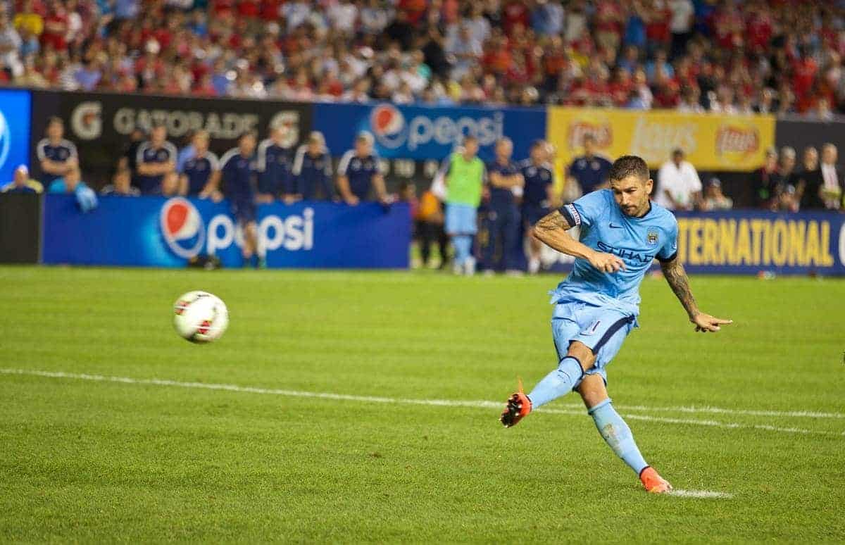 NEW YORK, USA - Wednesday, July 30, 2014: Manchester City's Aleksandar Kolarov misses the first penalty of the shoot out against Liverpool during the International Champions Cup Group B match at the Yankee Stadium on day ten of the club's USA Tour. (Pic by David Rawcliffe/Propaganda)