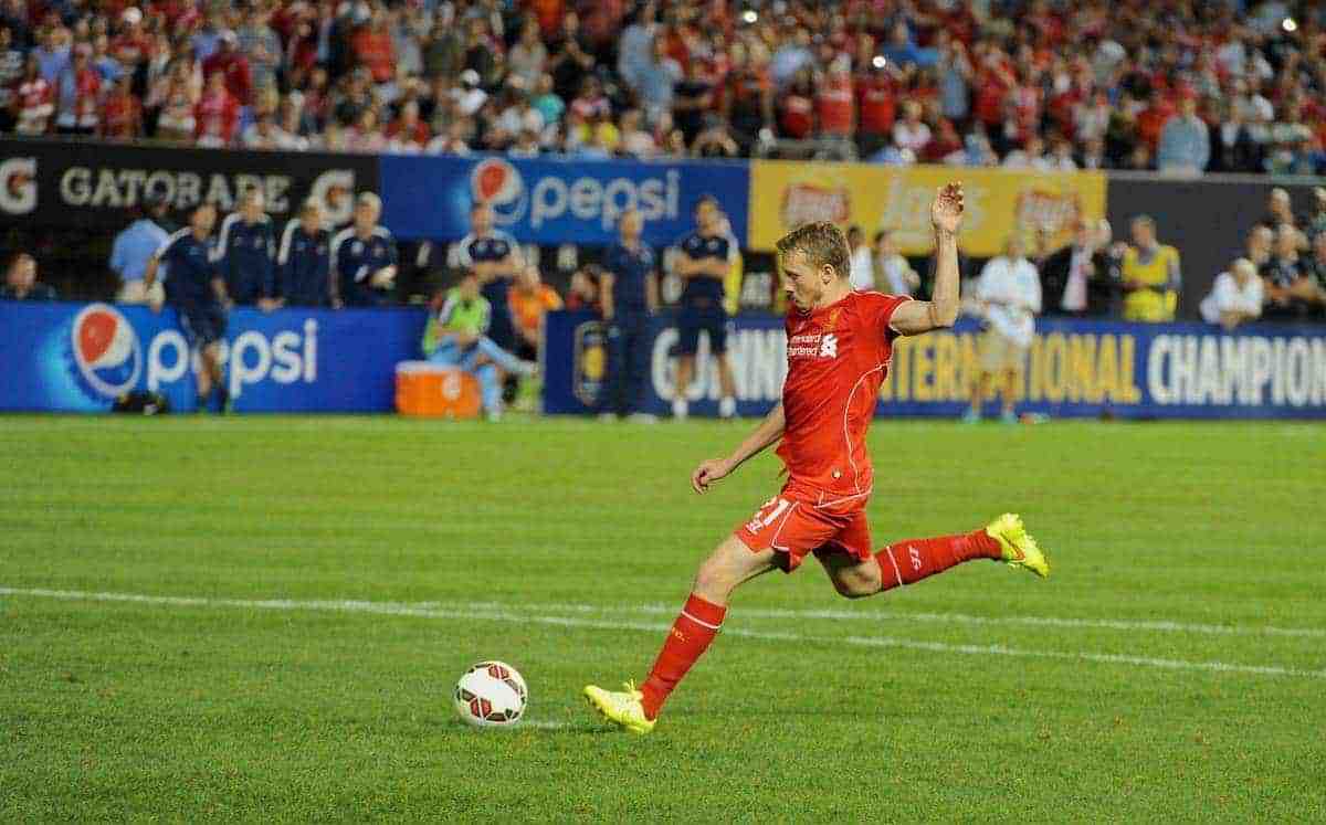 NEW YORK, USA - Wednesday, July 30, 2014: Liverpool's Lucas Leiva scores a penalty against Manchester City during the International Champions Cup Group B match at the Yankee Stadium on day ten of the club's USA Tour. (Pic by David Rawcliffe/Propaganda)