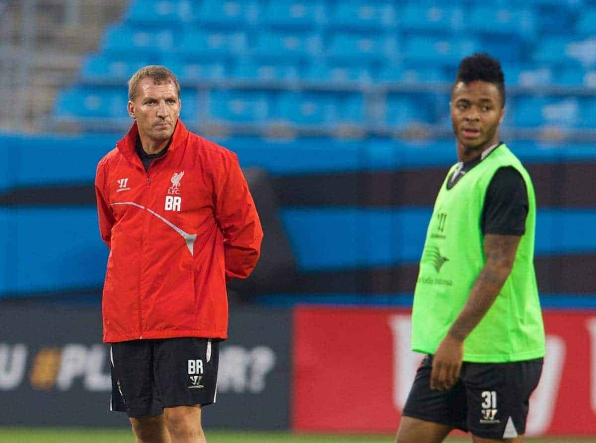 CHARLOTTE, USA - Friday, August 1, 2014: Liverpool's manager Brendan Rodgers and Raheem Sterling during a training session at the Bank of America Stadium on day twelve of the club's USA Tour. (Pic by David Rawcliffe/Propaganda)