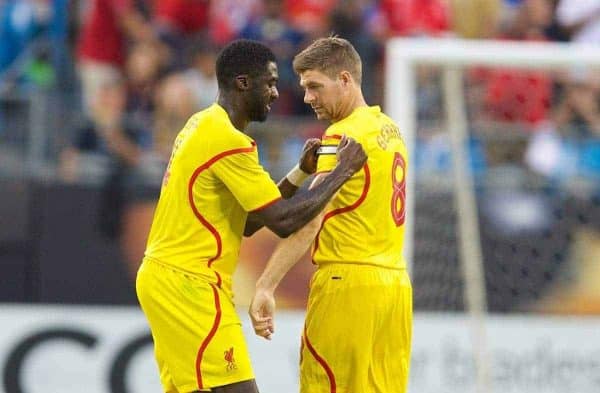 CHARLOTTE, USA - Saturday, August 2, 2014: Liverpool's Kolo Toure hands the captain's armband to Steven Gerrard against AC Milan during the International Champions Cup Group B match at the Bank of America Stadium on day thirteen of the club's USA Tour. (Pic by David Rawcliffe/Propaganda)