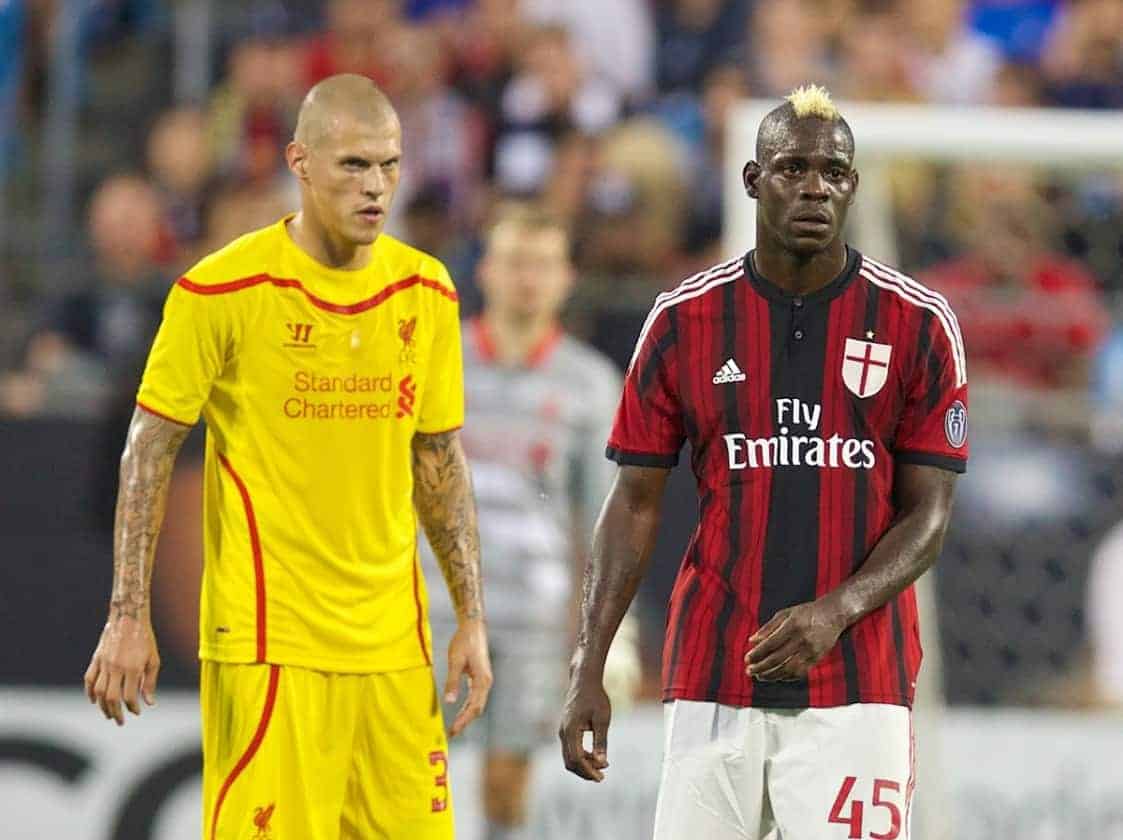 CHARLOTTE, USA - Saturday, August 2, 2014: AC Milan's Mario Balotelli and Liverpool's Martin Skrtel during the International Champions Cup Group B match at the Bank of America Stadium on day thirteen of the club's USA Tour. (Pic by David Rawcliffe/Propaganda)