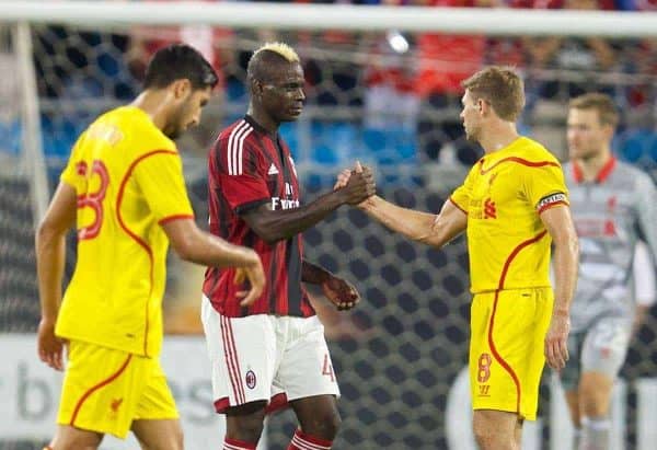 CHARLOTTE, USA - Saturday, August 2, 2014: AC Milan's Mario Balotelli and Liverpool's captain Steven Gerrard during the International Champions Cup Group B match at the Bank of America Stadium on day thirteen of the club's USA Tour. (Pic by David Rawcliffe/Propaganda)