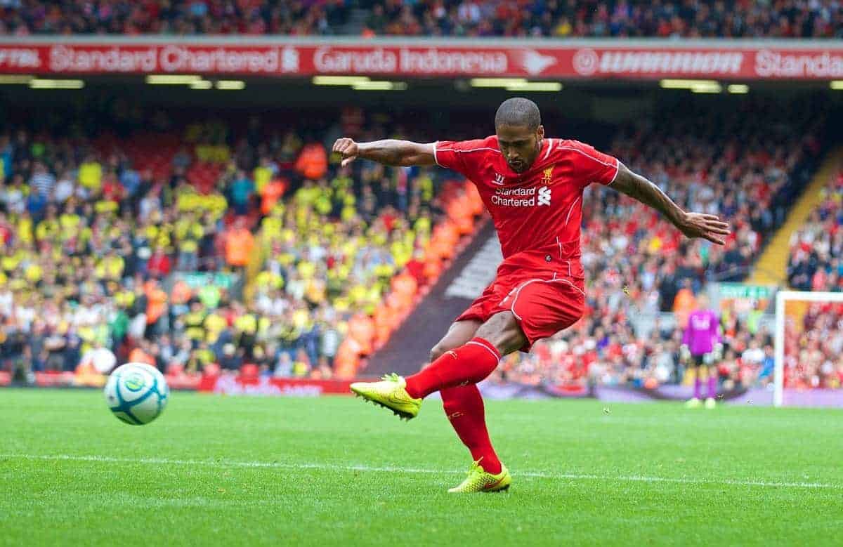 LIVERPOOL, ENGLAND - Sunday, August 10, 2014: Liverpool's Glen Johnson in action against Borussia Dortmund during a preseason friendly match at Anfield. (Pic by David Rawcliffe/Propaganda)