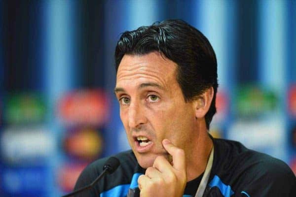 CARDIFF, WALES - Tuesday, August 12, 2014: Sevilla's head coach Unai Emery during a press conference ahead of the UEFA Super Cup at Cardiff City Stadium. (Pic by Pool/Getty Images/Propaganda)