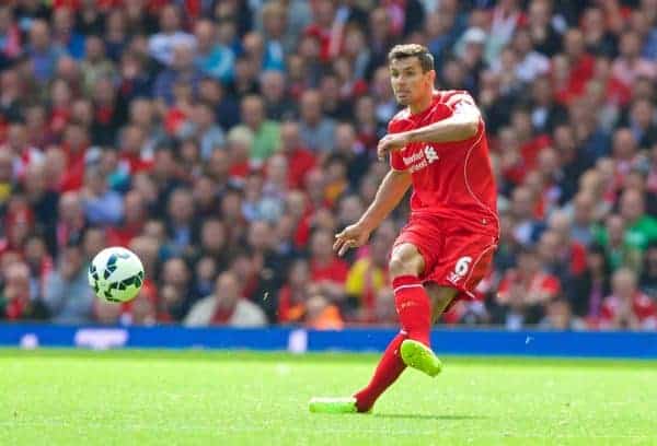 LIVERPOOL, ENGLAND - Sunday, August 17, 2014: Liverpool's Dejan Lovren in action against Southampton during the Premier League match at Anfield. (Pic by David Rawcliffe/Propaganda)