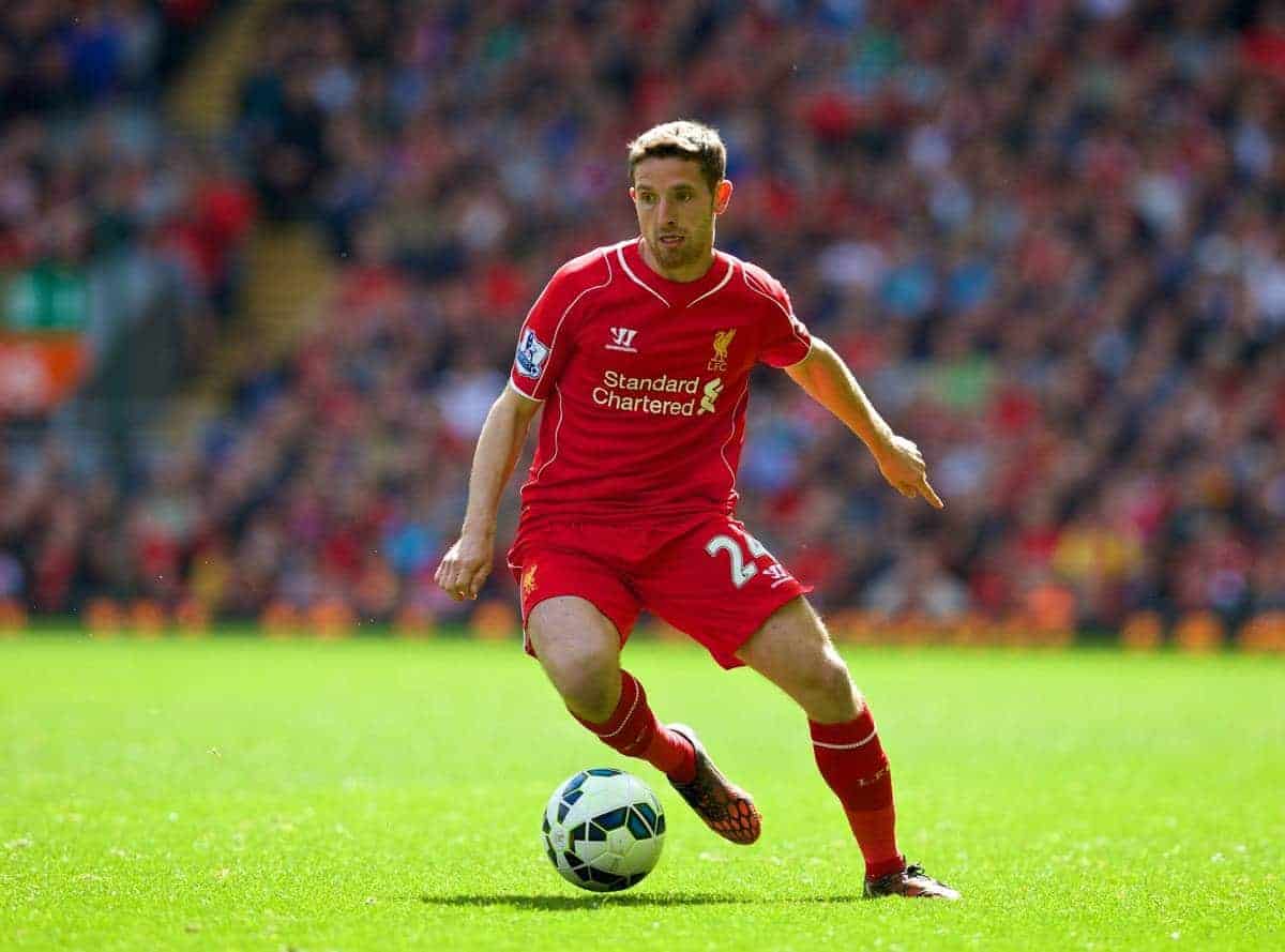 LIVERPOOL, ENGLAND - Sunday, August 17, 2014: Liverpool's Joe Allen in action against Southampton during the Premier League match at Anfield. (Pic by David Rawcliffe/Propaganda)