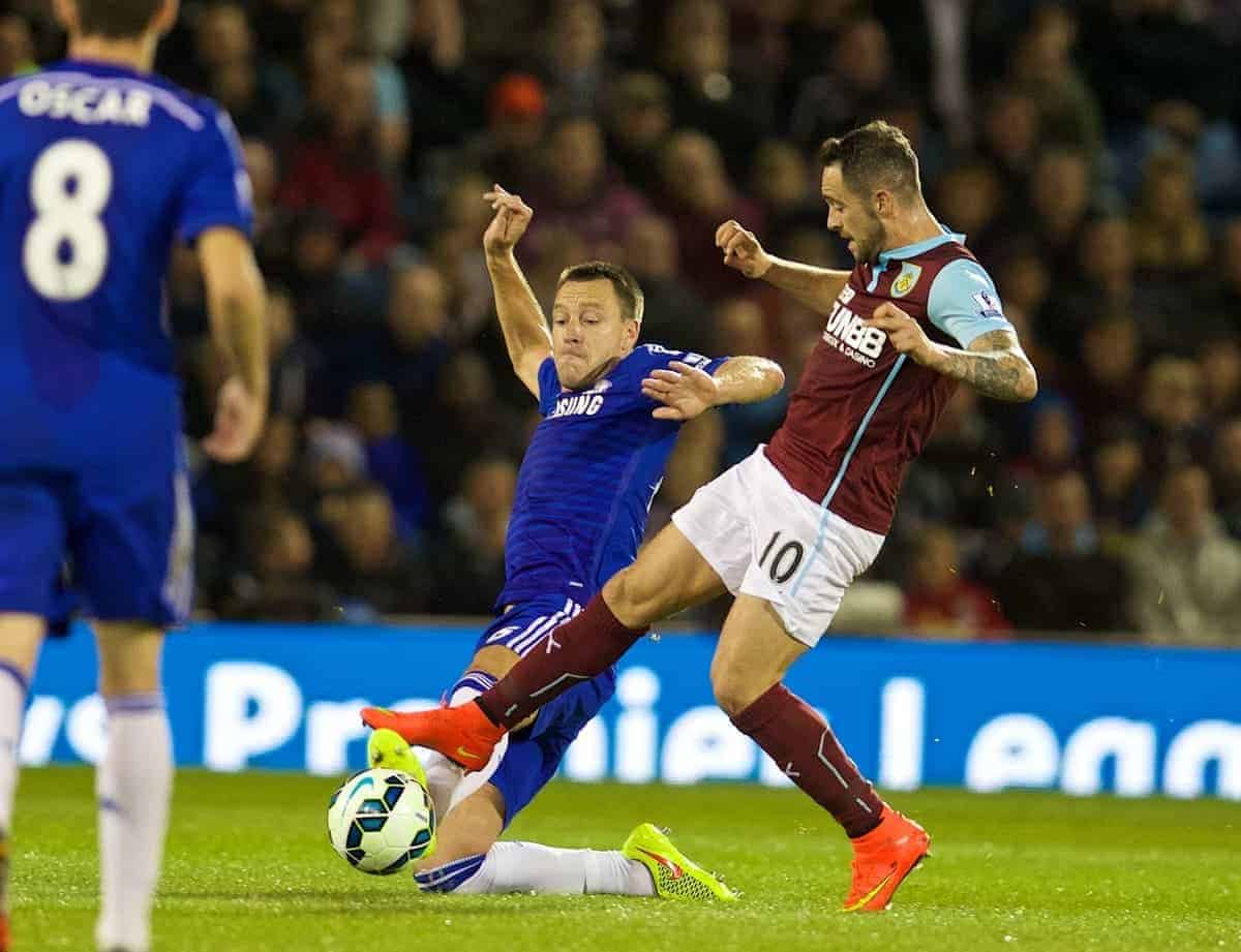 BURNLEY, ENGLAND - Monday, August 18, 2014: Chelsea's captain John Terry in action against Burnley's Danny Ings during the Premier League match at Turf Moor. (Pic by David Rawcliffe/Propaganda)