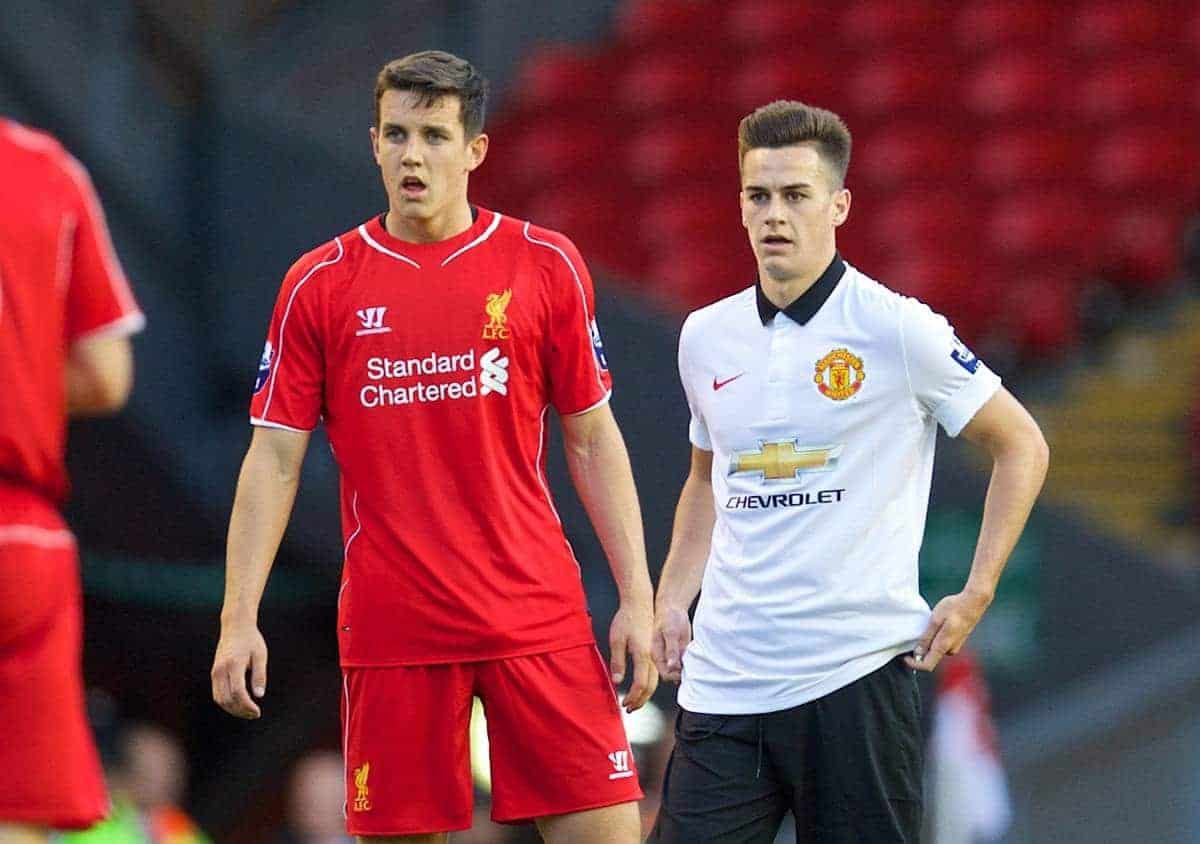 ANFIELD, ENGLAND - Friday, August 22, 2014: Welsh players Liverpool's Jordan Williams and Manchester United's Tom Lawrence during the Under 21 FA Premier League match at Anfield. (Pic by David Rawcliffe/Propaganda)