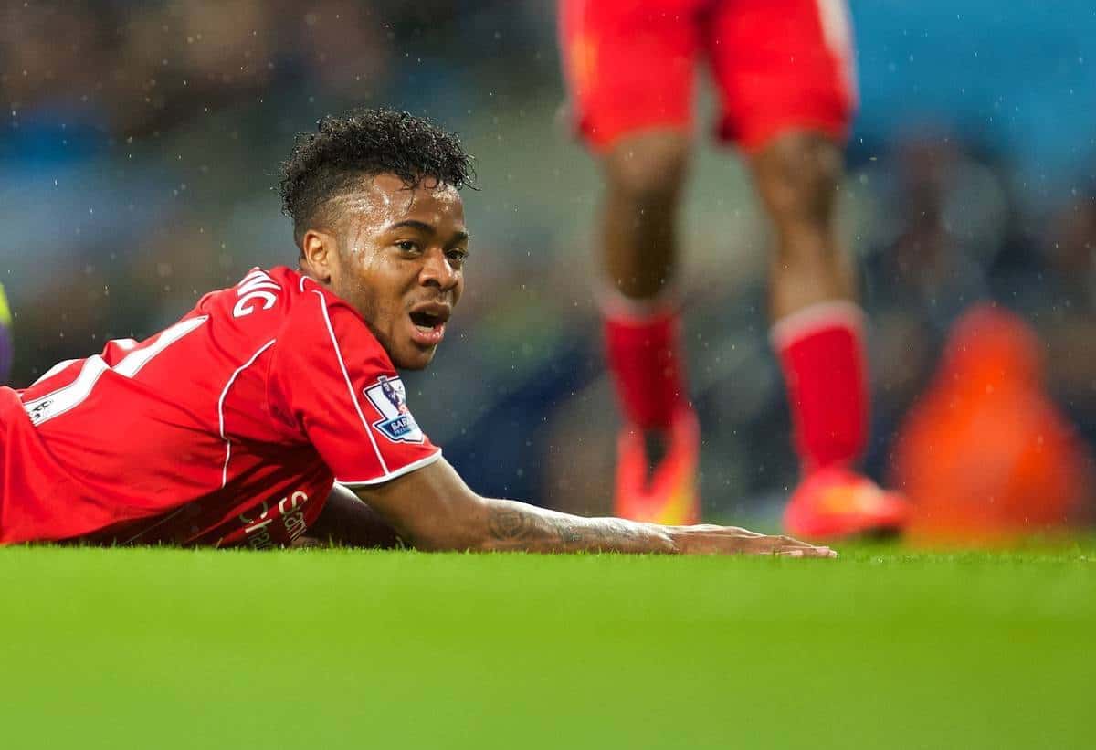 MANCHESTER, ENGLAND - Monday, August 25, 2014: Liverpool's Raheem Sterling looks dejected after missing a chance against Manchester City during the Premier League match at the City of Manchester Stadium. (Pic by David Rawcliffe/Propaganda)