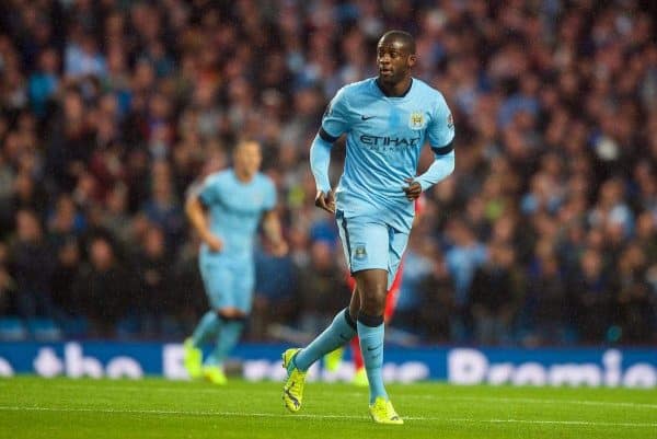 MANCHESTER, ENGLAND - Monday, August 25, 2014: Manchester City's Yaya Toure in action against Liverpool during the Premier League match at the City of Manchester Stadium. (Pic by Chris Brunskill/Propaganda)