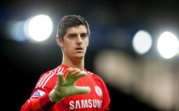 LIVERPOOL, ENGLAND - Saturday, August 30, 2014: Chelsea's goalkeeper Thibaut Courtois in action against Everton during the Premier League match at Goodison Park. (Pic by David Rawcliffe/Propaganda)