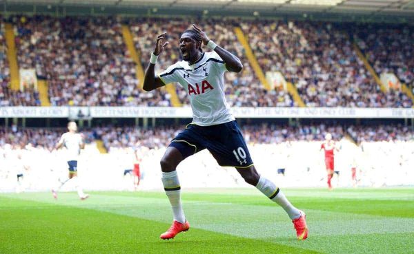 LONDON, ENGLAND - Sunday, August 31, 2014: Tottenham Hotspur's Emmanuel Adebayor rues a missed chance against Liverpool during the Premier League match at White Hart Lane. (Pic by David Rawcliffe/Propaganda)