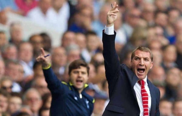 LONDON, ENGLAND - Sunday, August 31, 2014: Liverpool's manager Brendan Rodgers and Tottenham Hotspur's manager Mauricio Pochettino during the Premier League match at White Hart Lane. (Pic by David Rawcliffe/Propaganda)