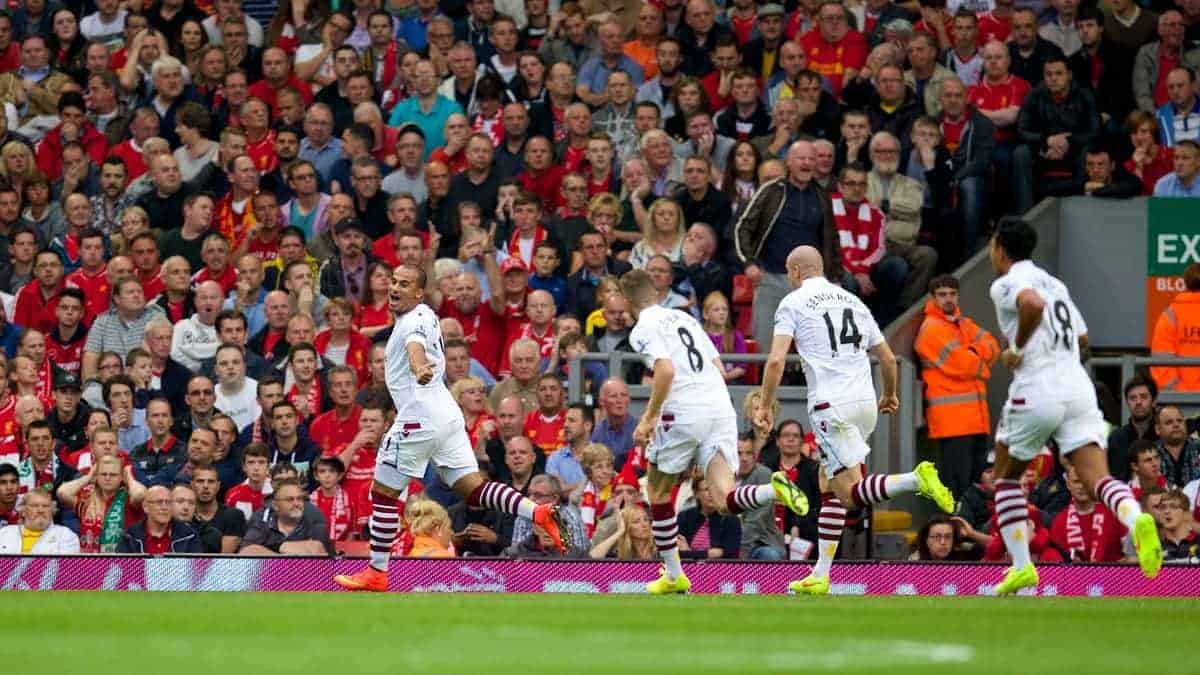 LIVERPOOL, ENGLAND - Saturday, September 13, 2014: Aston Villa's Gabriel Agbonlahor scores the winning goal against Liverpool during the Premier League match at Anfield. (Pic by David Rawcliffe/Propaganda)