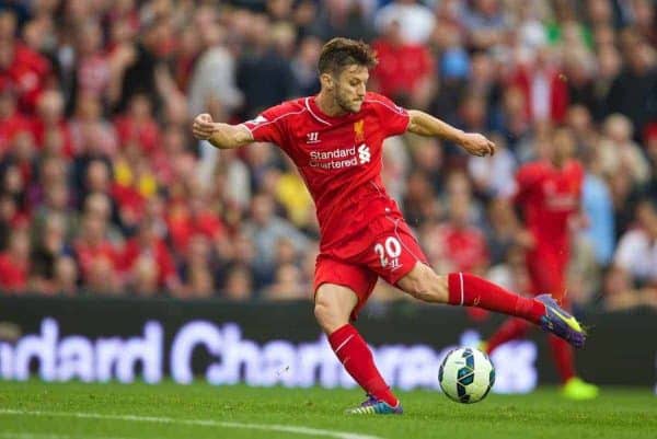 LIVERPOOL, ENGLAND - Saturday, September 13, 2014: Liverpool's Adam Lallana in action against Aston Villa during the Premier League match at Anfield. (Pic by David Rawcliffe/Propaganda)