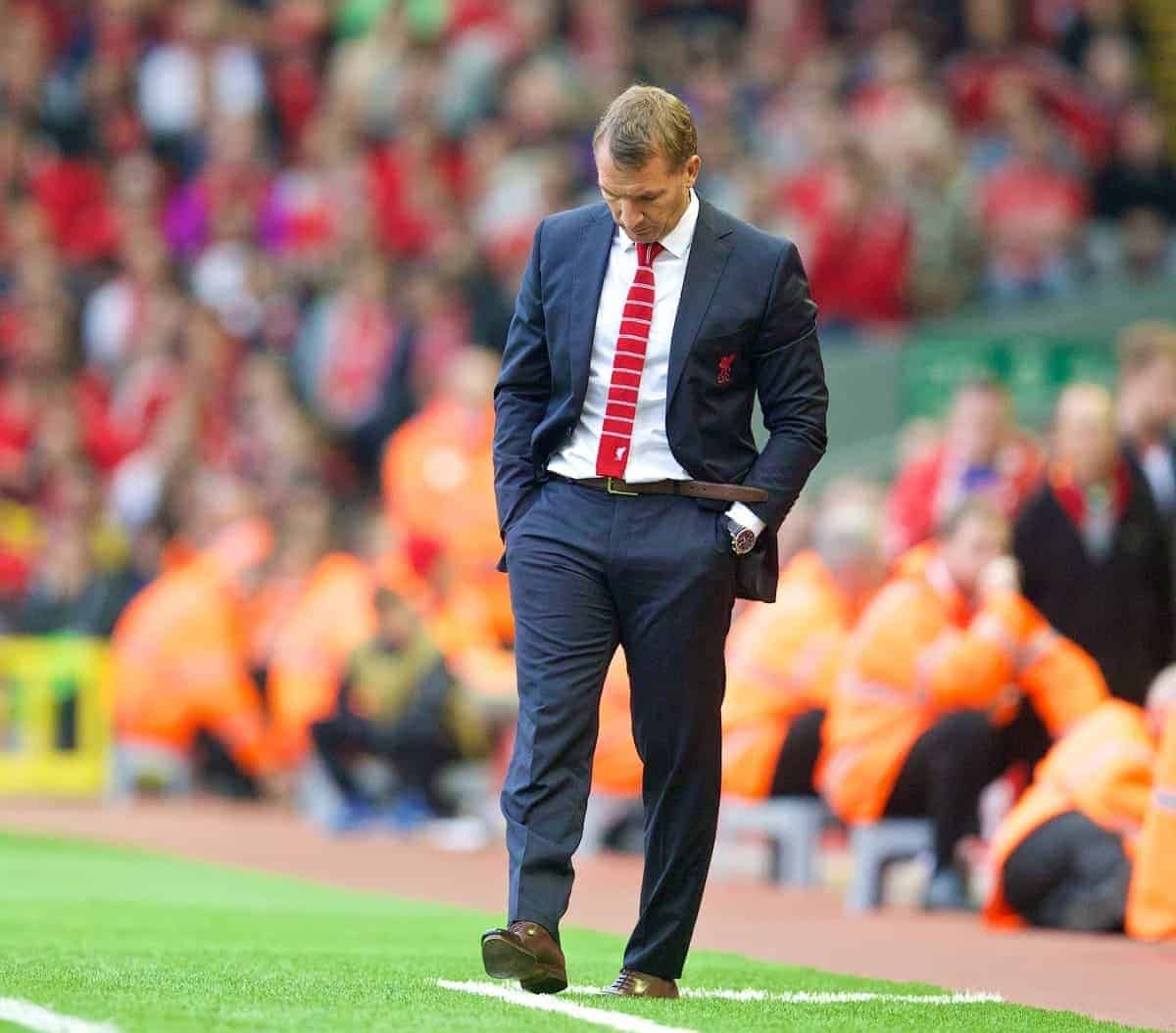 LIVERPOOL, ENGLAND - Saturday, September 13, 2014: Liverpool's manager Brendan Rodgers looks dejected against Aston Villa during the Premier League match at Anfield. (Pic by David Rawcliffe/Propaganda)