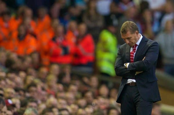 LIVERPOOL, ENGLAND - Saturday, September 13, 2014: Liverpool's manager Brendan Rodgers looks dejected as his side lose 1-0 at home to Aston Villa during the Premier League match at Anfield. (Pic by David Rawcliffe/Propaganda)