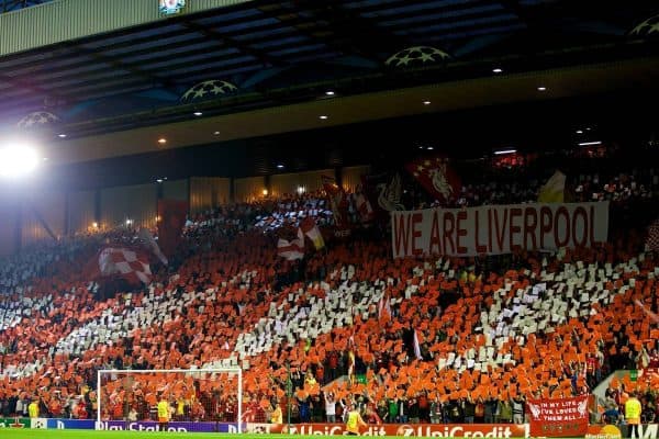 European FooLIVERPOOL, ENGLAND - Tuesday, September 16, 2014: Liverpool supporters on the Spion Kop make a mosaic of European Cups before the UEFA Champions League Group B match against PFC Ludogorets Razgrad at Anfield. (Pic by David Rawcliffe/Propaganda)tball - UEFA Champions League - Group B - Liverpool FC v PFC Ludogorets Razgrad