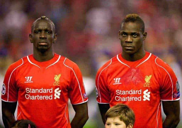 LIVERPOOL, ENGLAND - Tuesday, September 16, 2014: Liverpool's Mamadou Sakho and Mario Balotelli before the UEFA Champions League Group B match against PFC Ludogorets Razgrad at Anfield. (Pic by David Rawcliffe/Propaganda)