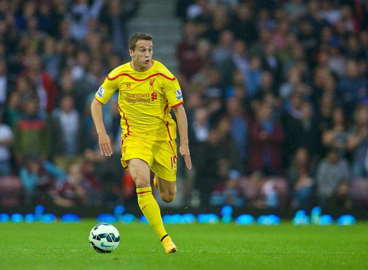 LONDON, ENGLAND - Saturday, September 20, 2014: Liverpool's Javier Manquillo in action against West Ham United during the Premier League match at Upton Park. (Pic by David Rawcliffe/Propaganda)