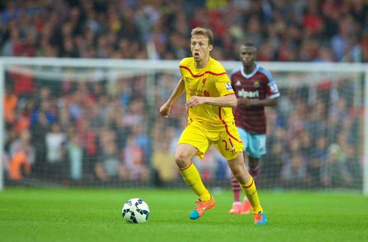 LONDON, ENGLAND - Saturday, September 20, 2014: Liverpool's Lucas Leiva in action against West Ham United during the Premier League match at Upton Park. (Pic by David Rawcliffe/Propaganda)