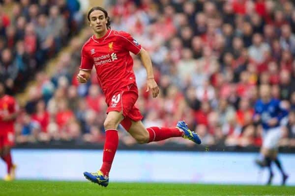 LIVERPOOL, ENGLAND - Saturday, September 27, 2014: Liverpool's Lazar Markovic in action against Everton during the Premier League match at Anfield. (Pic by David Rawcliffe/Propaganda)