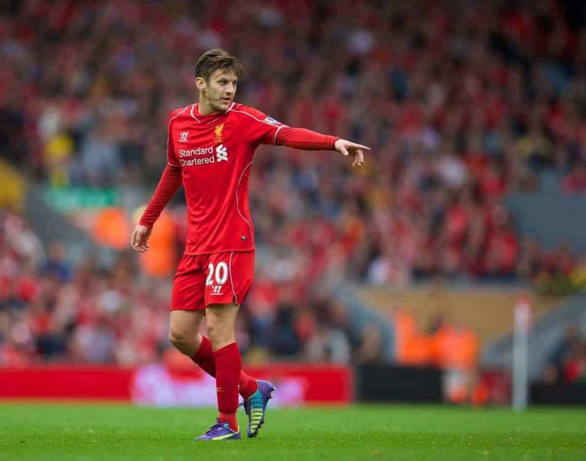 LIVERPOOL, ENGLAND - Saturday, September 27, 2014: Liverpool's Adam Lallana in action against Everton during the Premier League match at Anfield. (Pic by David Rawcliffe/Propaganda)