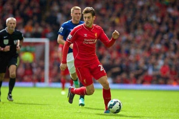 LIVERPOOL, ENGLAND - Saturday, September 27, 2014: Liverpool's Adam Lallana in action against Everton during the Premier League match at Anfield. (Pic by David Rawcliffe/Propaganda)