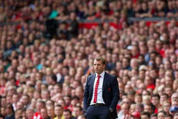 LIVERPOOL, ENGLAND - Saturday, September 27, 2014: Liverpool's manager Brendan Rodgers during the Premier League match against Everton at Anfield. (Pic by David Rawcliffe/Propaganda)