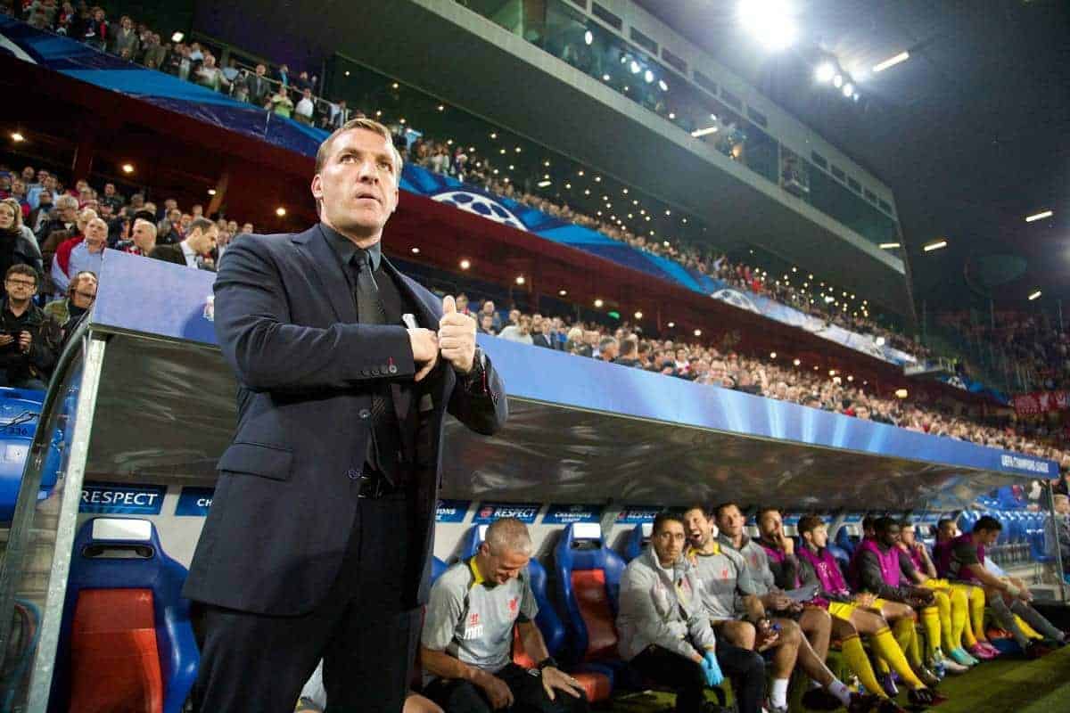 BASEL, SWITZERLAND - Wednesday, October 1, 2014: Liverpool's manager Brendan Rodgers before the UEFA Champions League Group B match against FC Basel at the St. Jakob-Park Stadium. (Pic by David Rawcliffe/Propaganda)