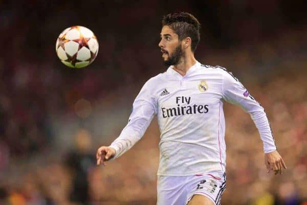 LIVERPOOL, ENGLAND - Wednesday, October 22, 2014: Real Madrid CF's Isco in action against Liverpool during the UEFA Champions League Group B match at Anfield. (Pic by David Rawcliffe/Propaganda)